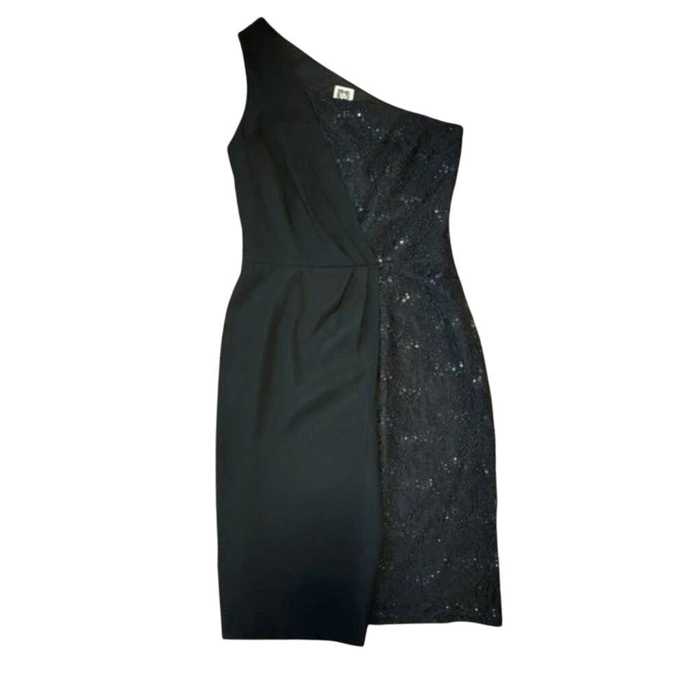 Anne Klein Draped One Shoulder Black Lace Cocktail Dress Womens Size 4 Elegant